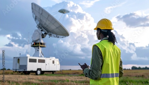 Man Observing Large Radio Telescope in Open Field at Sunset