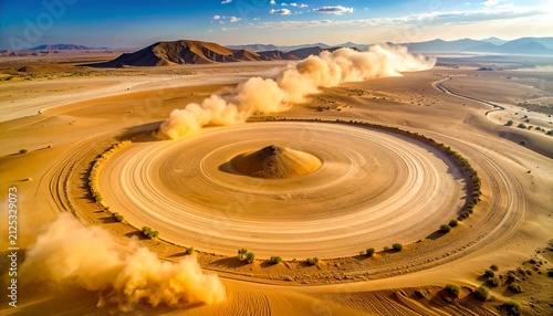 Concentric Circles and Dust Cloud Across Remote Desert Landscape