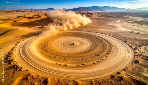 Concentric Circles and Dust Cloud Across Remote Desert Landscape