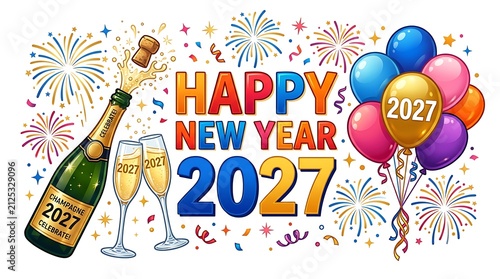 Happy New Year 2027 greeting card with champagne bottle glasses and colorful balloons on white background