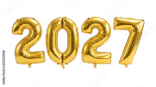 Gold foil balloons forming the number 2027 isolated on a black background for new year celebration