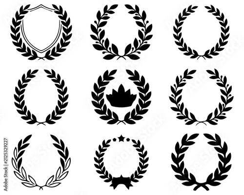 Premium Black Laurel Wreath Vector Collection – Elegant Award, Victory, Luxury Badge, Vintage Emblem, Achievement, Crest, Wedding, Certificate, Logo Frame, Botanical Circular Laurel Icons Set
