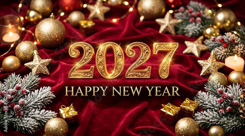 Golden 2027 text on red velvet background with festive ornaments for New Year celebration greeting card