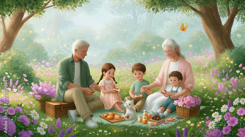 Family enjoys a picnic in a garden with flowers, food, and a white bunny on a sunny day