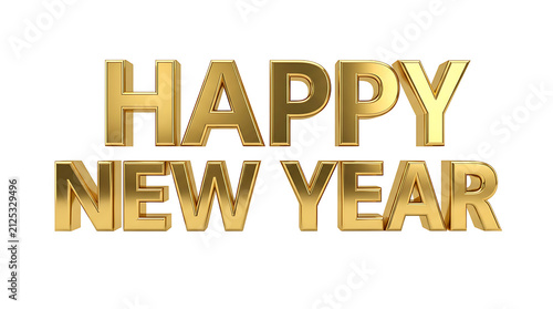 Happy New Year text in 3D gold metallic letters isolated on a solid black background for celebration