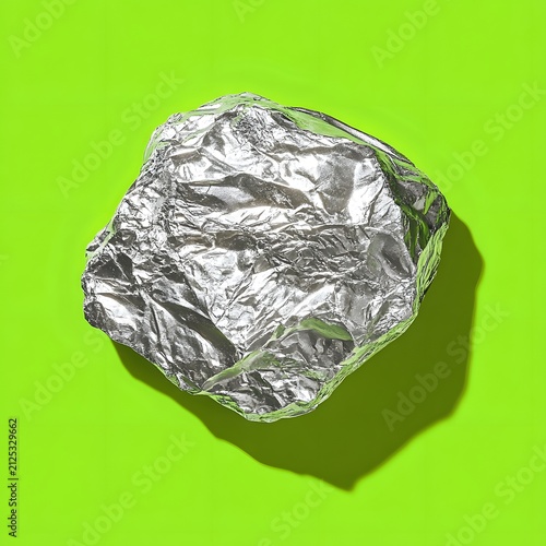 Crumpled foil casting a deep shadow. The bright green background enhances the metallic texture.