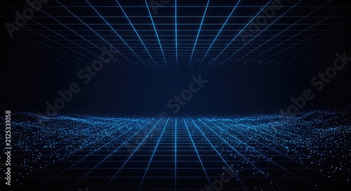 Deep blue abstract background with glowing particles and intricate grid lines creating an immersive digital environment, motion, depth, graphic