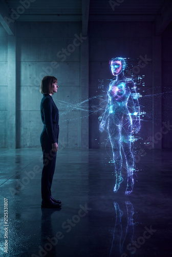 Woman standing before a floating full-body digital hologram