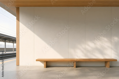 Minimal Japanese Railway Station Waiting Area with Wooden Bench