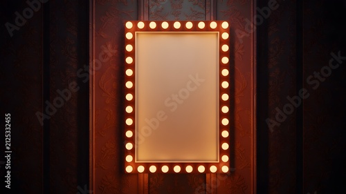Illuminated vanity mirror with warm light bulbs on a dark vintage wallpaper background, theatrical dressing room style