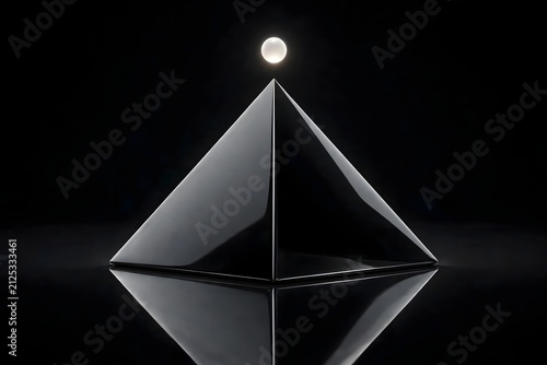 Obraz na płótnie Glossy black pyramid reflecting light with glowing orb above apex
