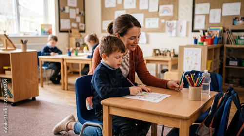 Teacher kneels beside child at desk, creating warm primary school scene about trust, emotional support, gentle guidance and connection during early learning moments in class.