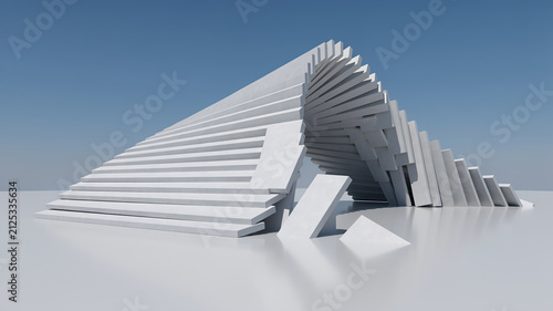 Abstract architectural structure of stacked white geometric planes forming a triangular shape architecture