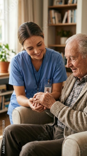 Caregiver wearing blue uniform holding hand of senior man, providing supportive homecare assistance, offering emotional comfort, empathy, geriatric nursing service inside retirement apartment.