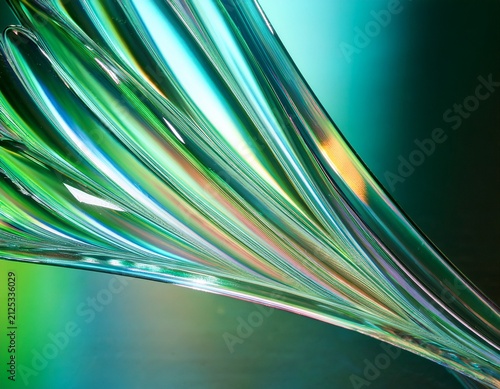 abstract macro composition featuring smooth flowing transparent glass structures with soft light green tint and delicate colorful prismatic chromatic aberration edges throughout