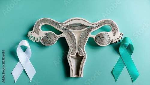 cervical cancer awareness concept with uterus anatomy and teal and white ribbon