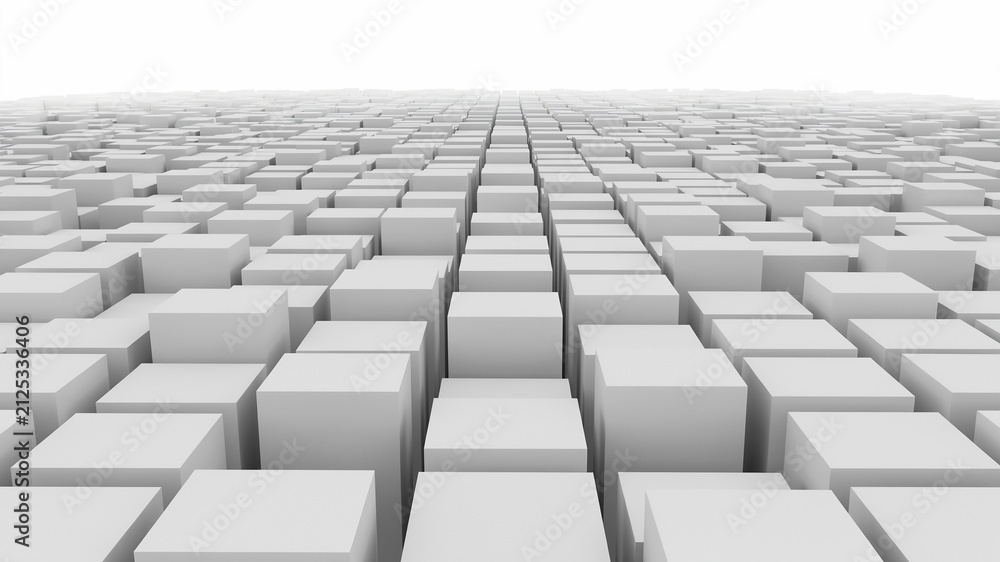 Fototapeta premium Endless array of white cubes receding into a distant horizon on a white background pattern