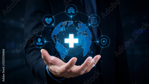 Person holding a glowing earth with medical icons in a digital healthcare concept abstract application