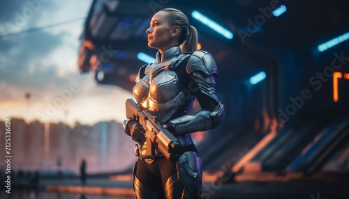 Futuristic Female Soldier in Advanced Body Armor Holding Rifle in Cinematic Sci-Fi Military Base