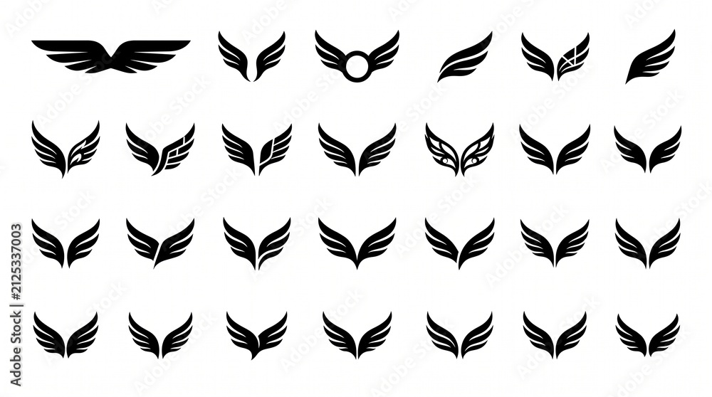 Fototapeta premium Grid of minimalist black wing symbols, various stylized bird wing isolated on a white background wings