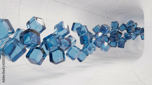 Transparent blue cubes floating in a white futuristic tunnel with light reflections abstract background