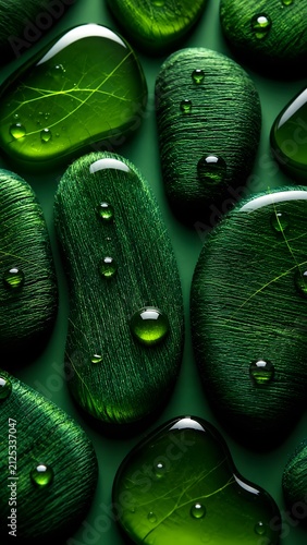 Green Spa Stones with Water Droplets and Leaf Veins for Mobile Wallpaper, Natural Wellness Background, Zen Relaxation and Botanical Texture