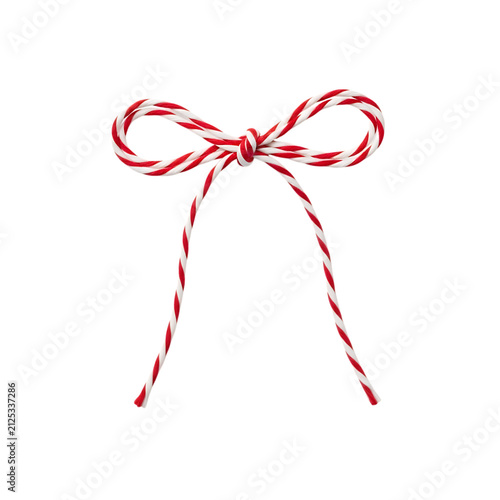 Decorative bow made of red and white striped twine string tied in a knot isolated on a clean white background, for gift wrapping, and holidays isolated on a transparent background