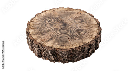 Rustic wood slice podium on white background, natural timber log cross section with bark, circular wooden pedestal for product display