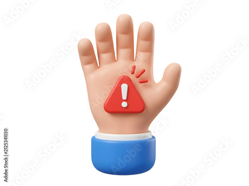 3d cartoon hand with a red warning sign isolated on transparent background