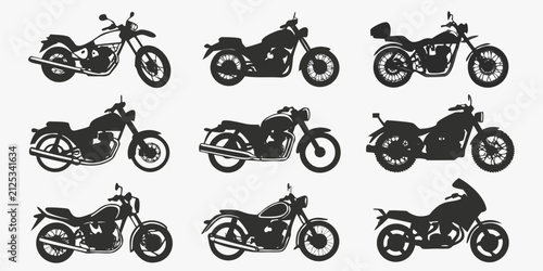 Fotografie Black and white line of different types of motorcycles motorbikes line black and