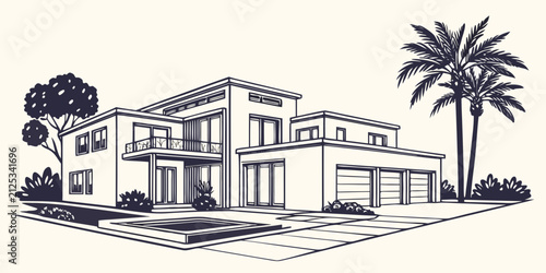 Bild auf Leinwand Modern two-story house with garage and palm tree, contemporary residential archi