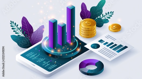 Visual of a smartphone showing graphs and money with plant elements on a light background
