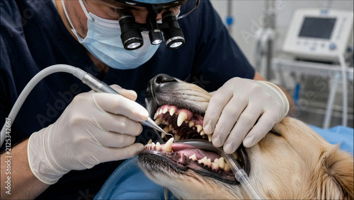 Professional veterinary surgeon performing dental cleaning procedure for sedated golden retriever dog in clinic setting with perspective veterinarian wearing