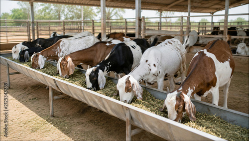 Group of goats eating fresh green fodder from metal trough inside covered farm enclosure with spacious covered outdoor herd multicolored goats
