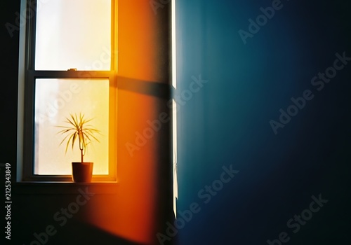 Warm golden sunlight illuminating a small plant by a window