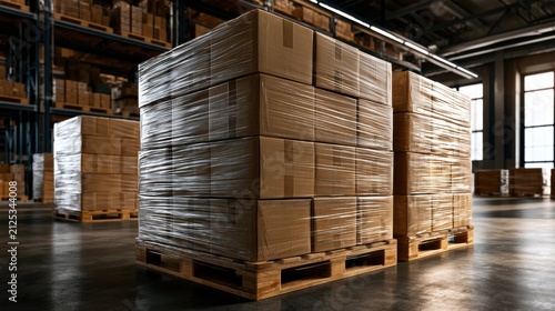 Stacked cardboard boxes on pallets in a modern warehouse, wrapped in plastic, highlighting logistics and storage solutions.