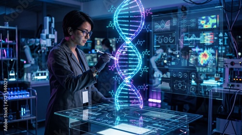 Futuristic DNA Research: A scientist in a modern laboratory uses advanced holographic technology to analyze a glowing DNA double helix.