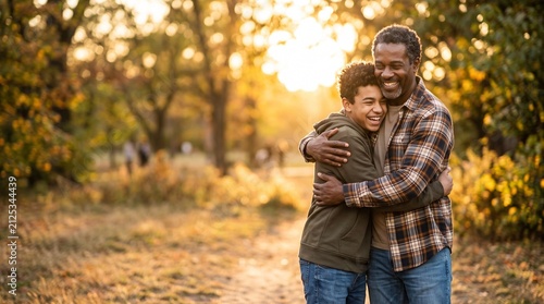 A Tender Embrace in Autumn: A loving father and son share a warm hug amidst the golden hues of an autumn park, a beautiful depiction of family bonding and cherished moments.