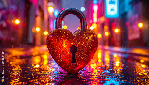 Heart lock rain droplet glossy surface red heart wet street night city neon light reflection close up lock