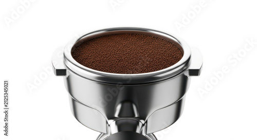 Espresso portafilter with fresh ground coffee, stainless steel filter basket for barista, professional coffee brewing isolated PNG with Transparent Background