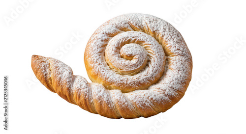 Traditional ensaymada pastry with powdered sugar, sweet spiral brioche bun, golden brown mallorca bread for breakfast isolated PNG with Transparent Background