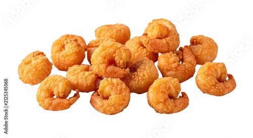Crispy popcorn shrimp, golden fried breaded prawns, crunchy battered seafood snack for restaurant menu and catering isolated PNG with Transparent Background