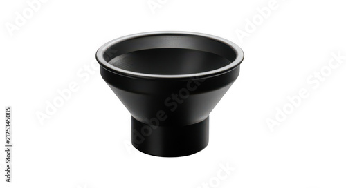 Black plastic funnel for industrial liquid transfer, durable laboratory funnel tool, professional pouring equipment isolated PNG with Transparent Background