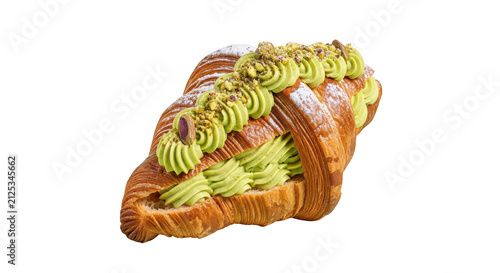 Pistachio croissant with green cream filling, gourmet french pastry with nuts, flaky golden bakery dessert for menu isolated PNG with Transparent Background