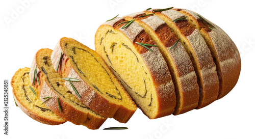 Artisan rosemary bread loaf, sliced sourdough herb bread with golden crust, rustic homemade yeast bread for bakery isolated PNG with Transparent Background