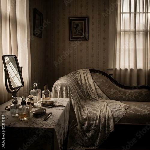 Vintage boudoir interior with antique chaise lounge and vanity table