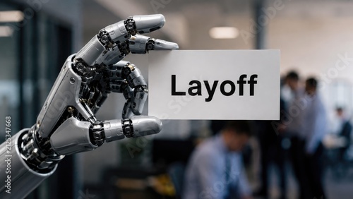 A robotic hand holding a sign that reads Layoff amidst blurred office workers, symbolizing the impact of automation and AI on employment and job security in modern workplaces.