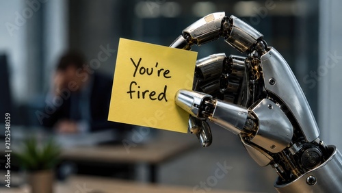 A robotic hand holds a sticky note saying You're fired, symbolizing the potential impact of automation on employment and the changing dynamics of the workplace environment.