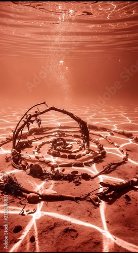 Underwater spiral installation made of twigs and stones in red water