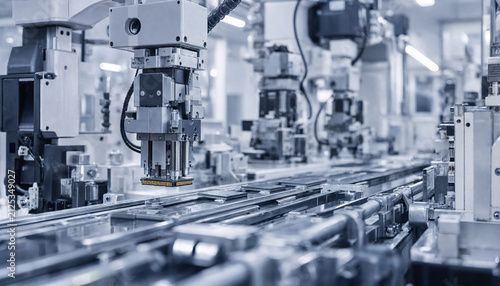 Precision automated machinery operating on semiconductor production line in modern high-tech factory with machinery automation semiconductor industrial manufacturing technology production